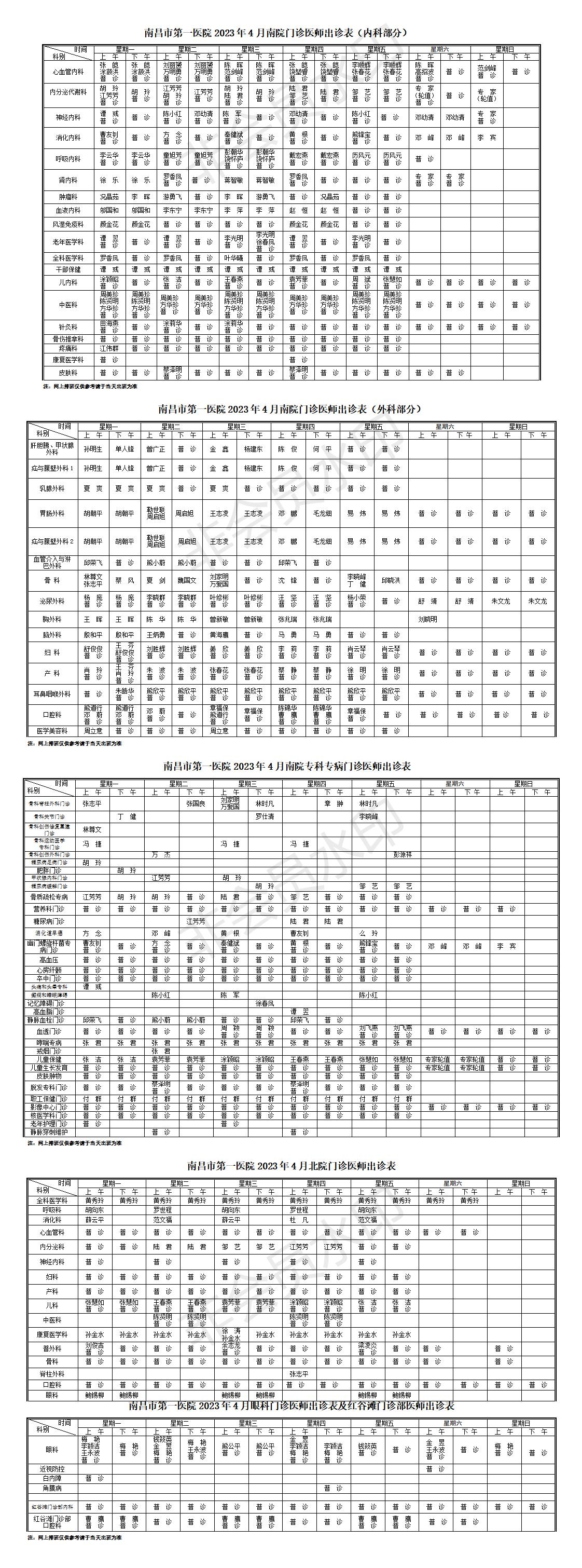 南昌市第一醫(yī)院2023年4月南院北院、眼科醫(yī)院及紅谷灘門診部門診醫(yī)師排班表3.27_01.jpg